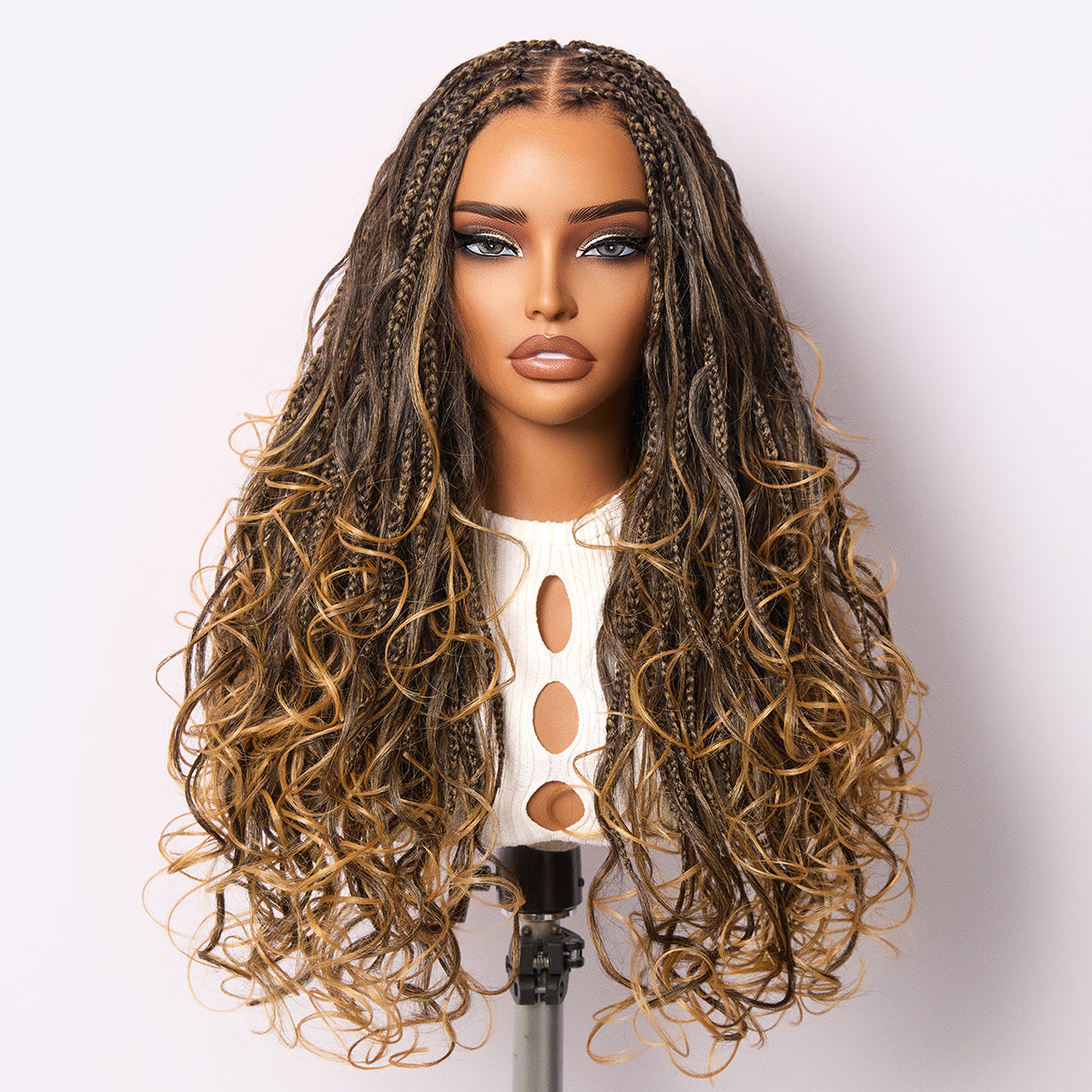 Ombre Honey Blonde French Curl Knotless Boho Braids HD Full Lace Long Wig Flexi Fit Invisi Drawstring Cap