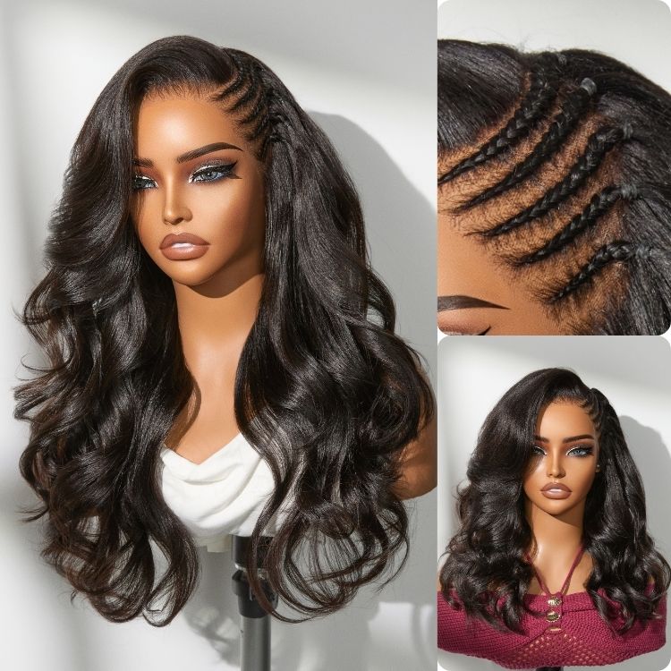 Side Braided Yaki Body Wave Glueless Ear-to-ear 13x6 Frontal HD Lace Wig Human Hair Flexi-Fit Drawstring Cap