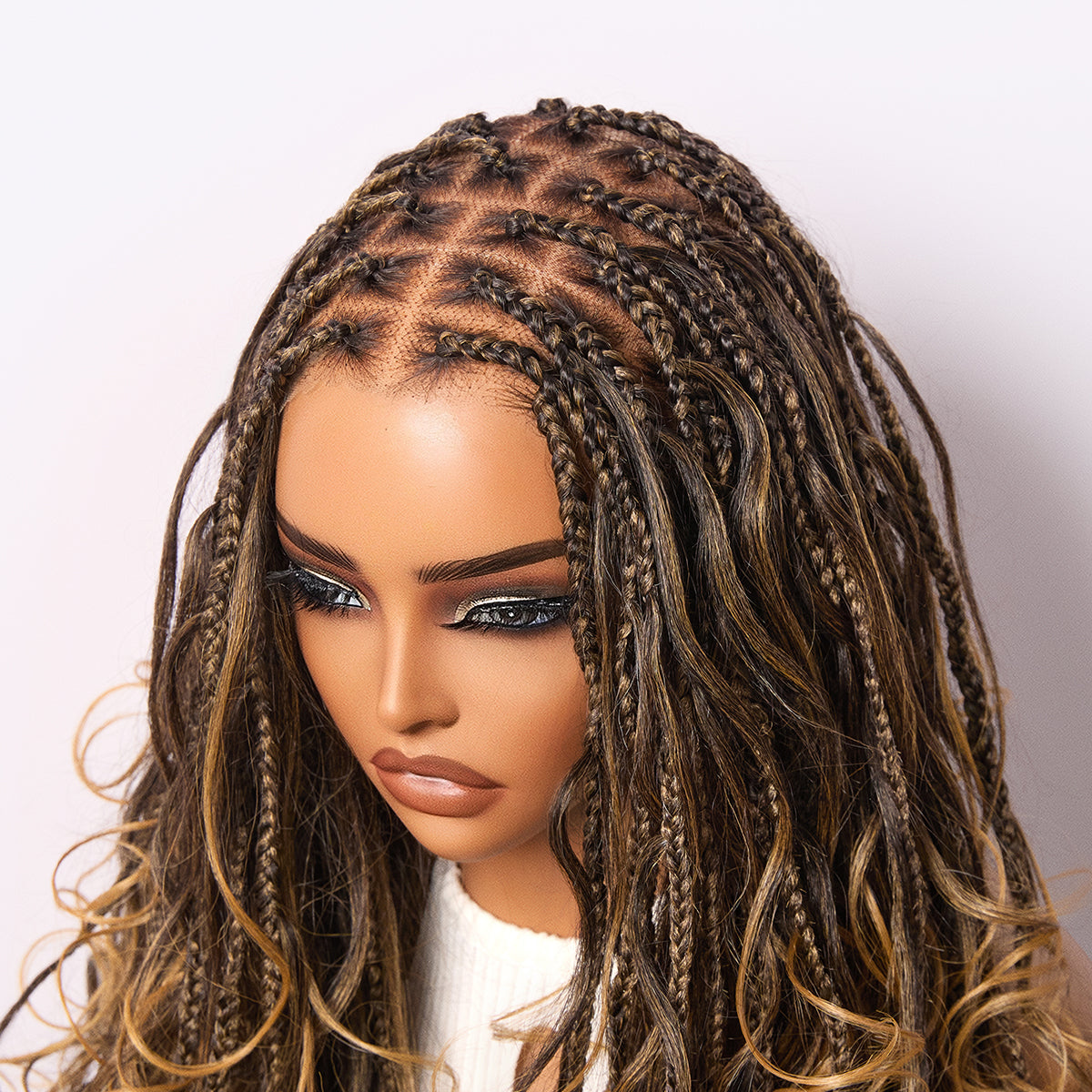 Ombre Honey Blonde French Curl Knotless Boho Braids HD Full Lace Long Wig Flexi Fit Invisi Drawstring Cap