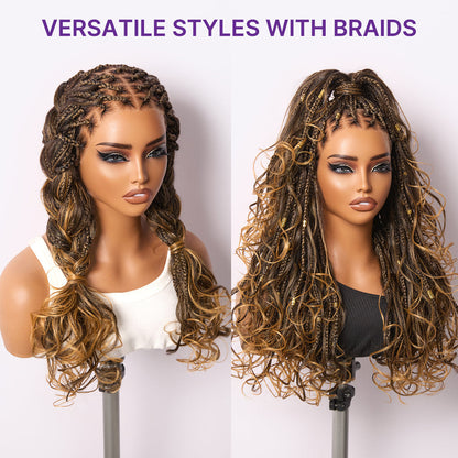 Ombre Honey Blonde French Curl Knotless Boho Braids HD Full Lace Long Wig Flexi Fit Invisi Drawstring Cap