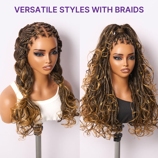 Ombre Honey Blonde French Curl Knotless Boho Braids HD Full Lace Long Wig Flexi Fit Invisi Drawstring Cap