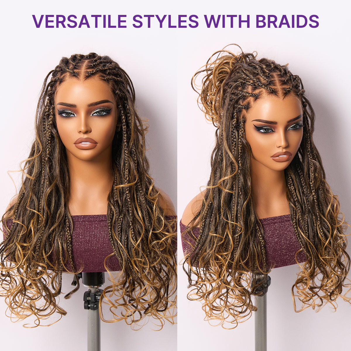 Ombre Honey Blonde French Curl Knotless Boho Braids HD Full Lace Long Wig Flexi Fit Invisi Drawstring Cap