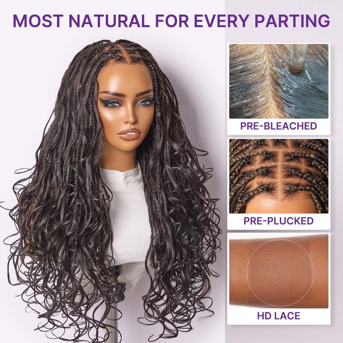 French Curl Knotless Boho Braids HD Full Lace Long Wig Flexi Fit Invisi Drawstring Cap