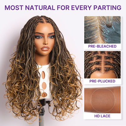 Ombre Honey Blonde French Curl Knotless Boho Braids HD Full Lace Long Wig Flexi Fit Invisi Drawstring Cap